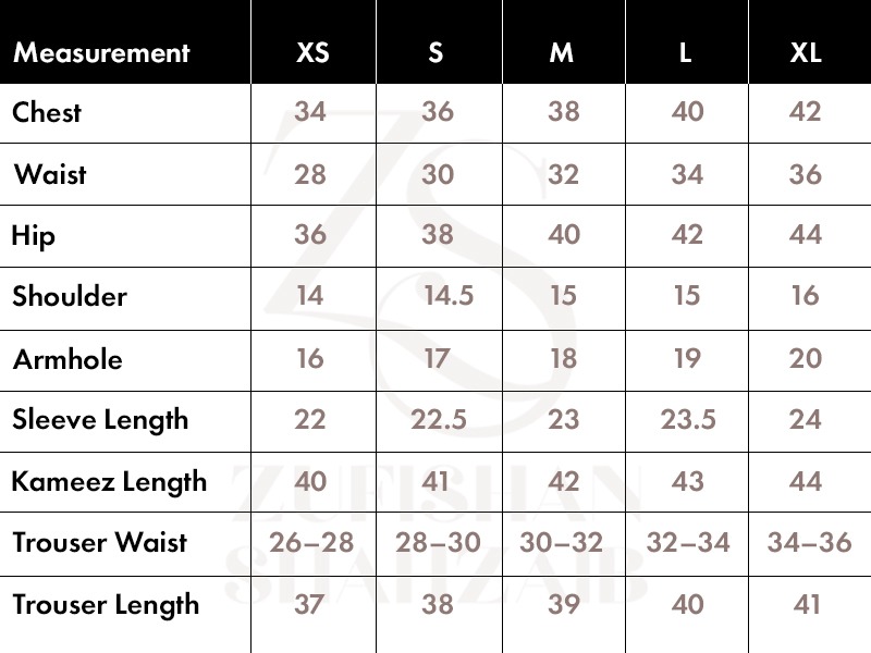 Zufishan Shahzaib Size Chart
